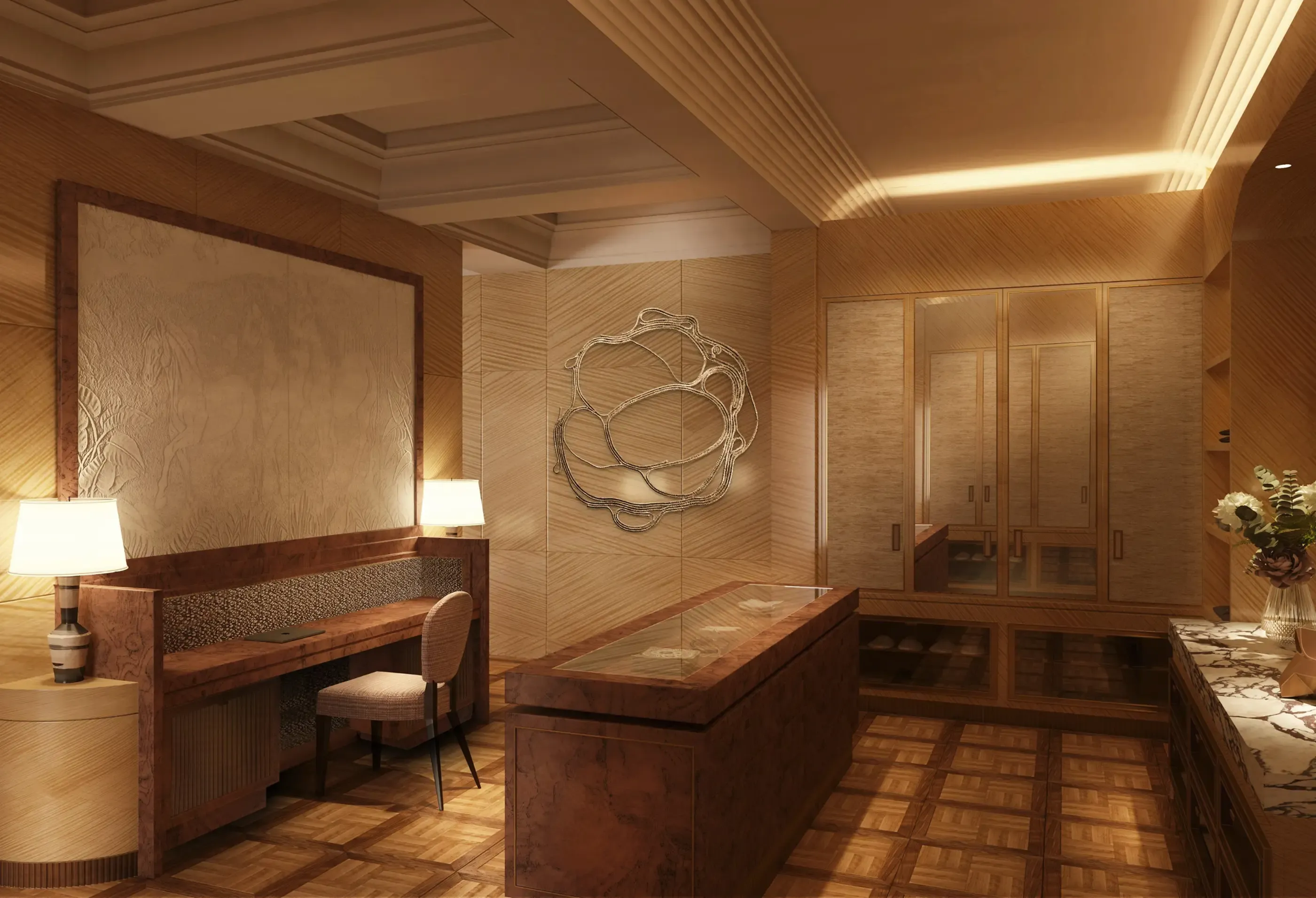 Elegant spa room with a massage bed, vanity, and warm ambient lighting.
