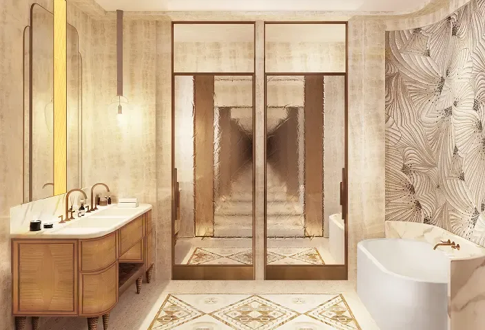 Luxurious bathroom featuring a double vanity, freestanding tub, and reflective mirrored doors.