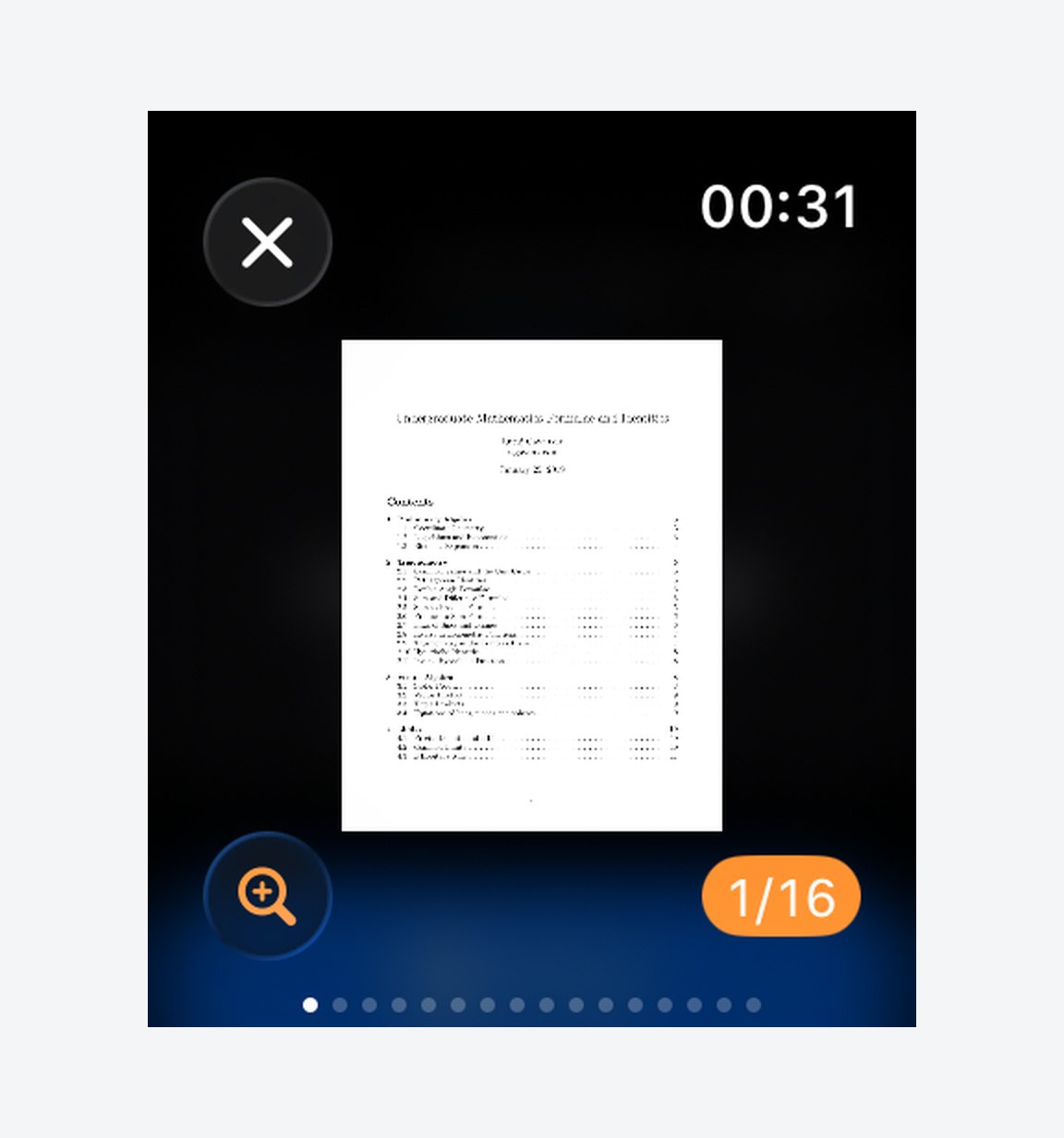 A sixteen-page mathematics formula sheet open on Apple Watch, showing page one of sixteen with page indicator dots