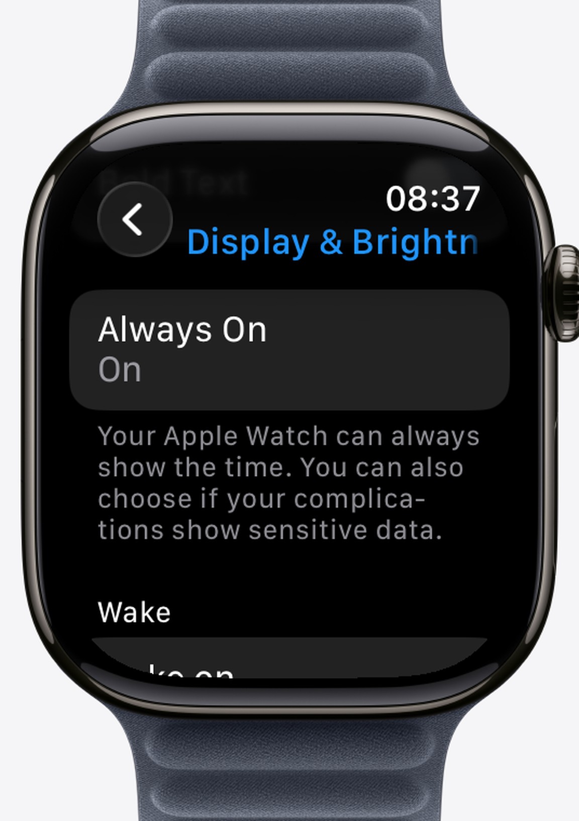 The Display and Brightness screen in watchOS Settings showing Always On switched on