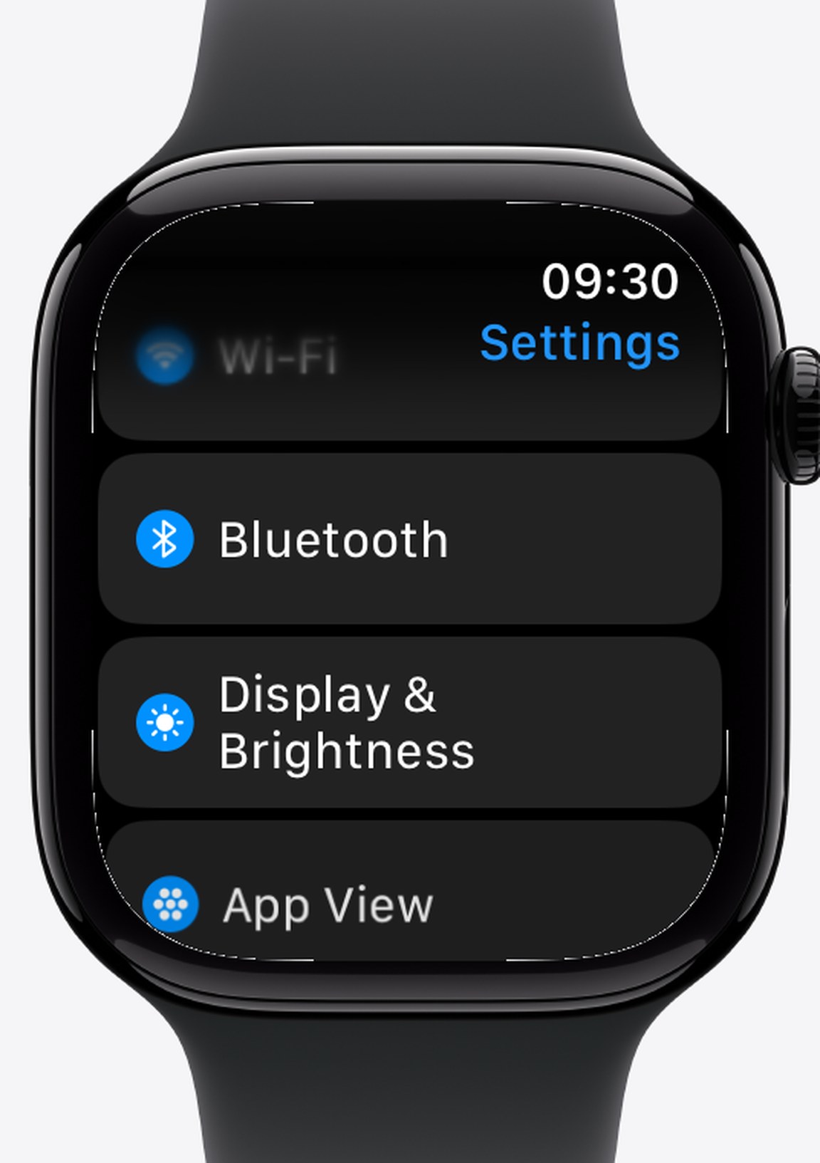 The watchOS Settings list showing Wi-Fi, Bluetooth and Display and Brightness entries