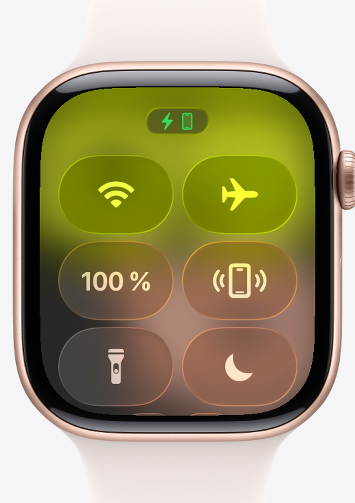 Control Center on an Apple Watch, opened with the side button, showing the Wi-Fi, Airplane Mode, battery, Ping iPhone, flashlight and Focus controls