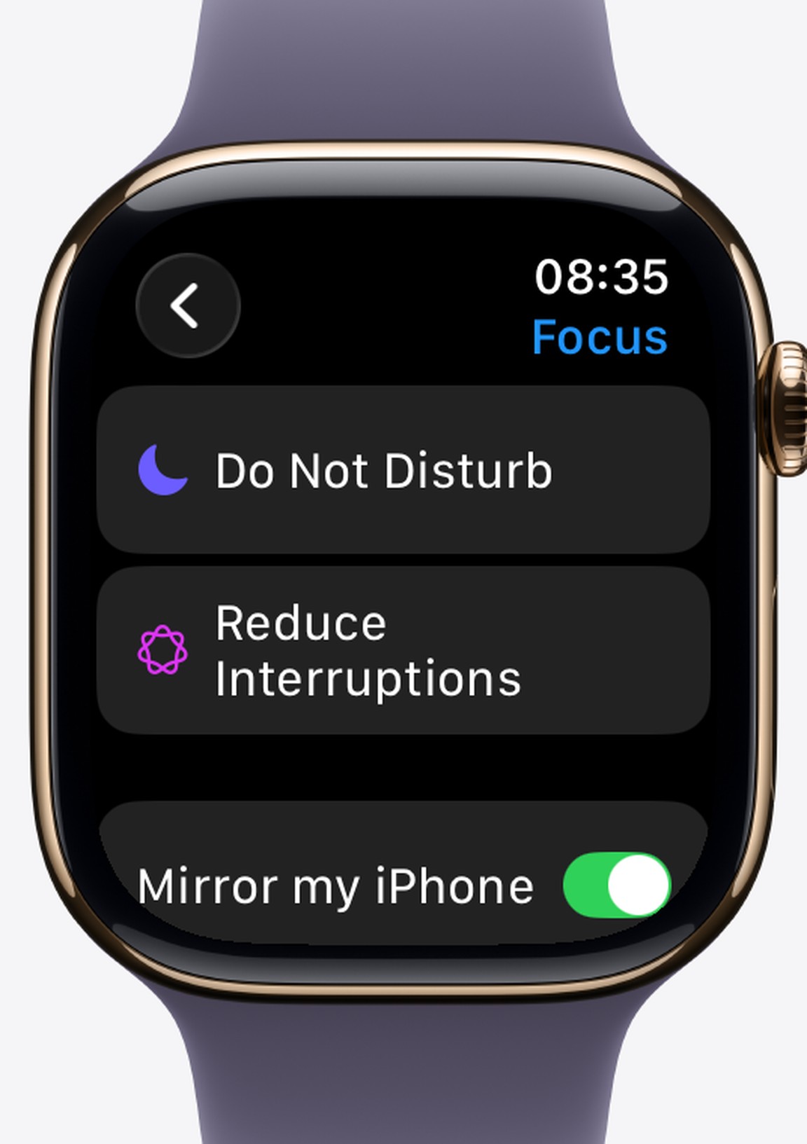 The Focus screen in watchOS Settings with Do Not Disturb, Reduce Interruptions and the Mirror my iPhone switch