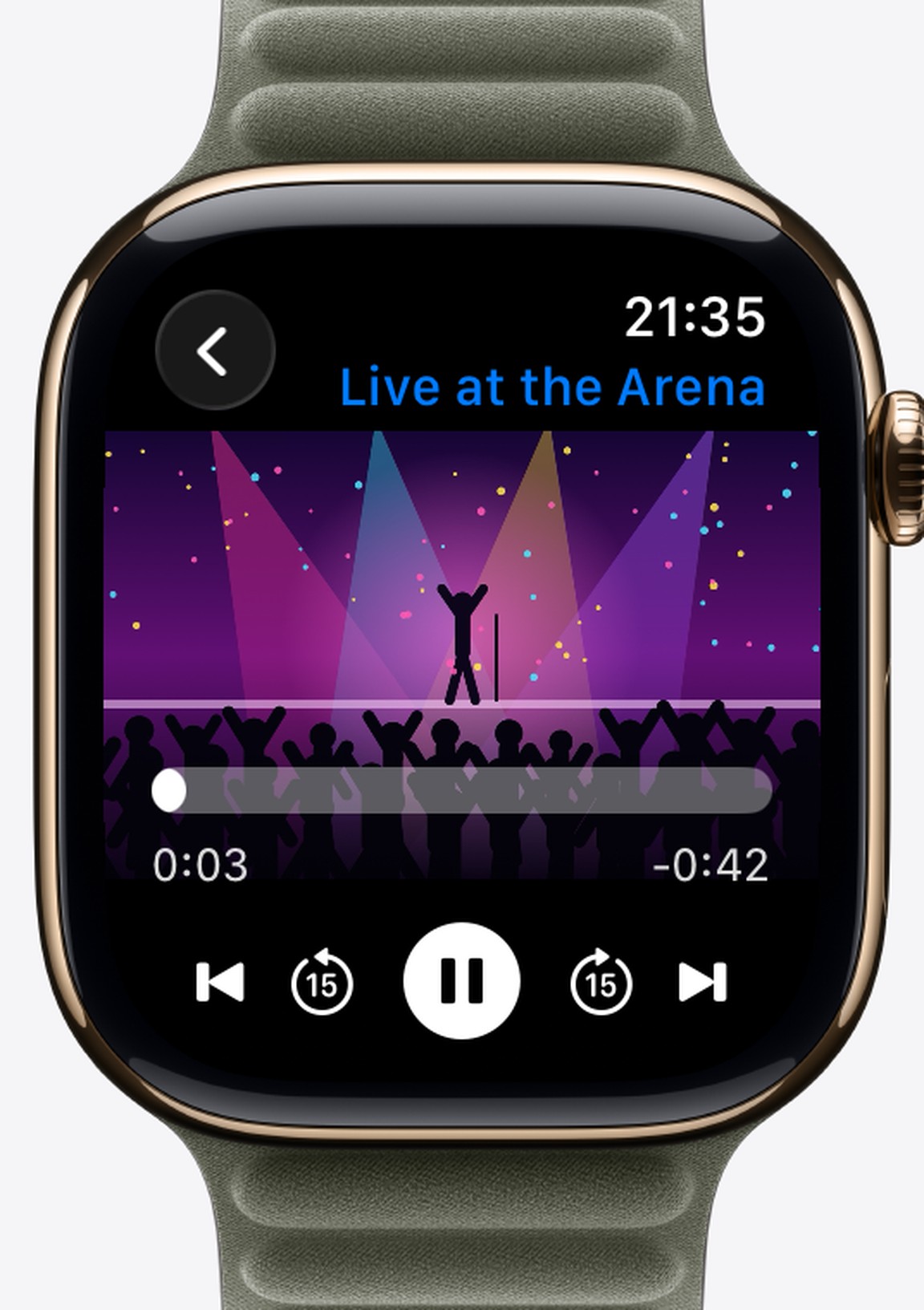A video playing in iWatch Videos on an Apple Watch, with a progress bar, 15-second skip buttons and a pause button