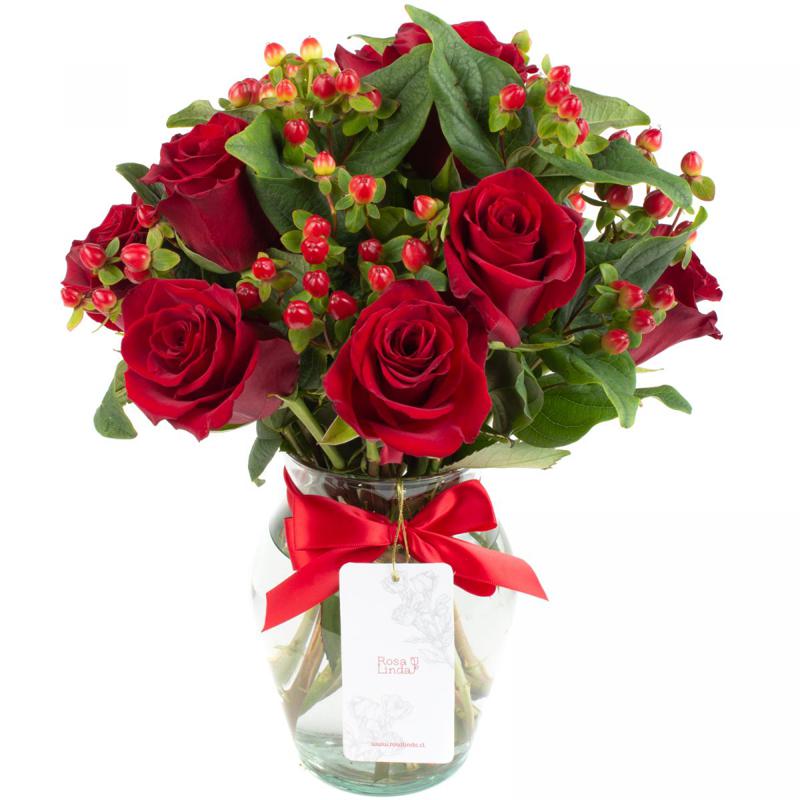 Antonia Rojo 9 rosas - Florero transparente con 9 rosas e hypericum