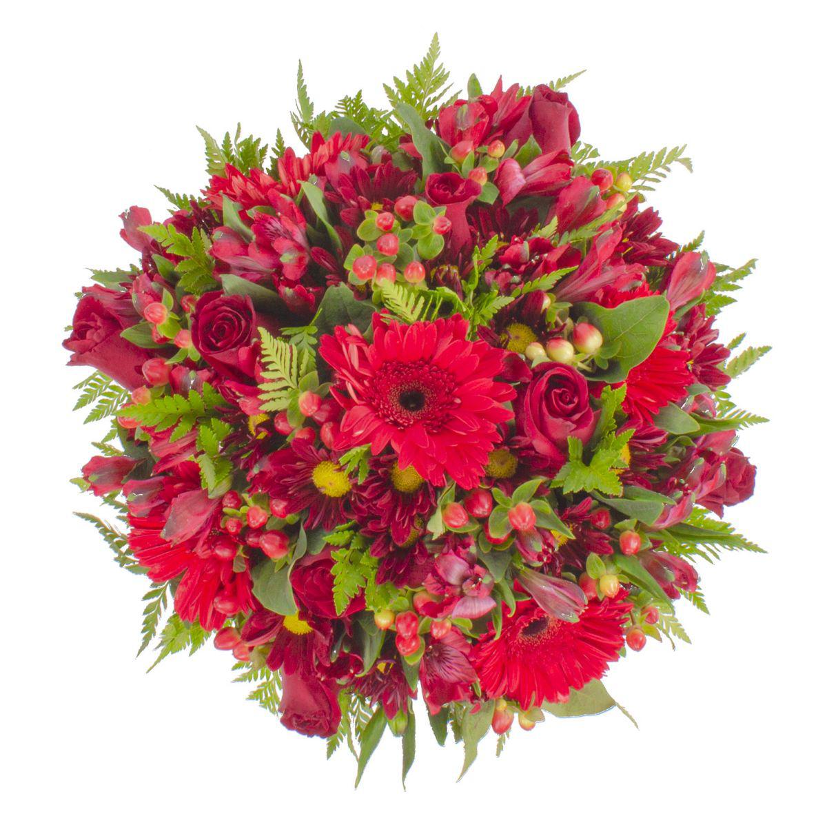 Antonella Rojo - Arreglo floral en florero de copa con rosas, gerberas, astromelias y maules
