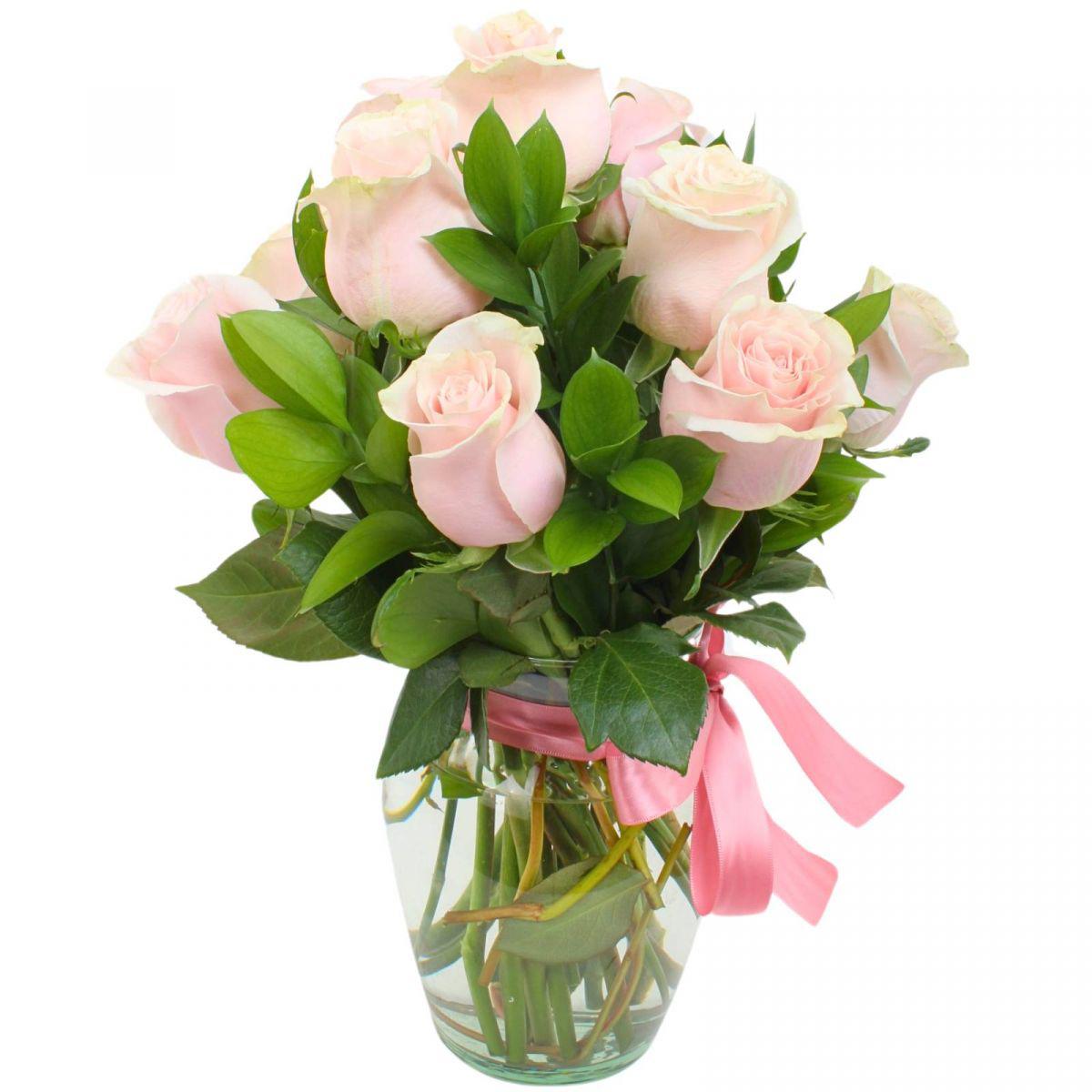 Pequeño Amparo - Florero de vidrio tipo ánfora con 12 rosas color rosado