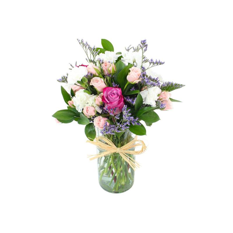 Noelia Lila - Florero con Rosas, mini rosas, mini claveles y limonium