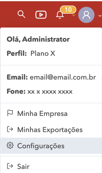 Menu Configurações