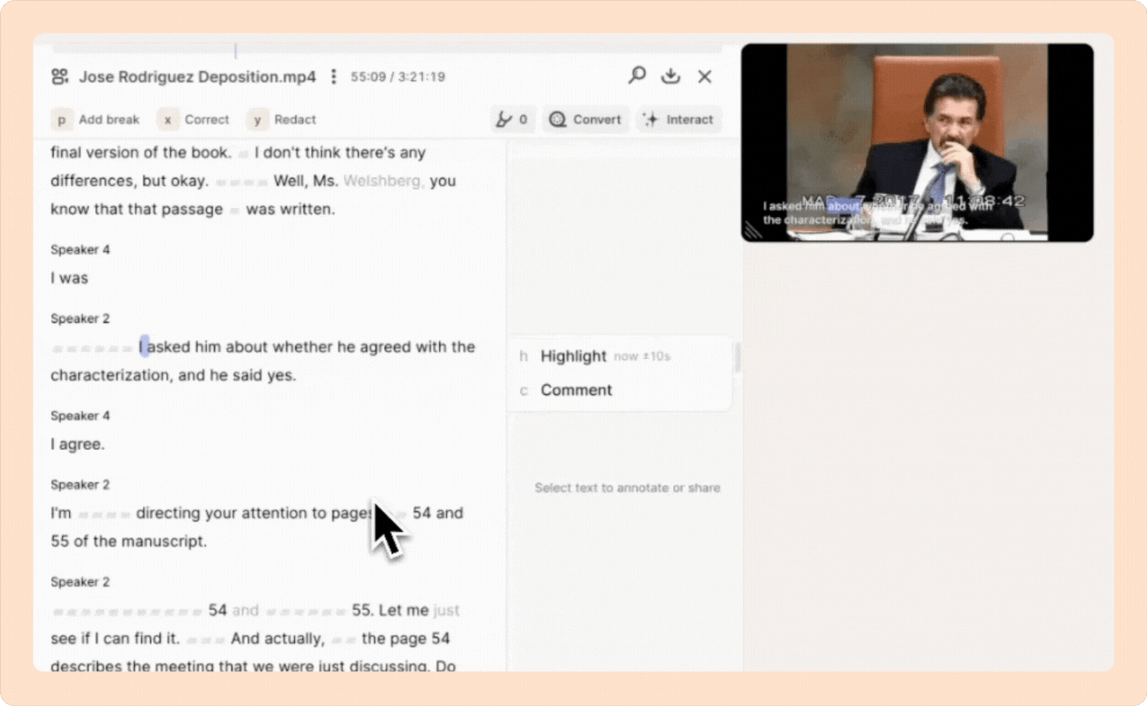 Reduct's auto and interactive AI transcription.