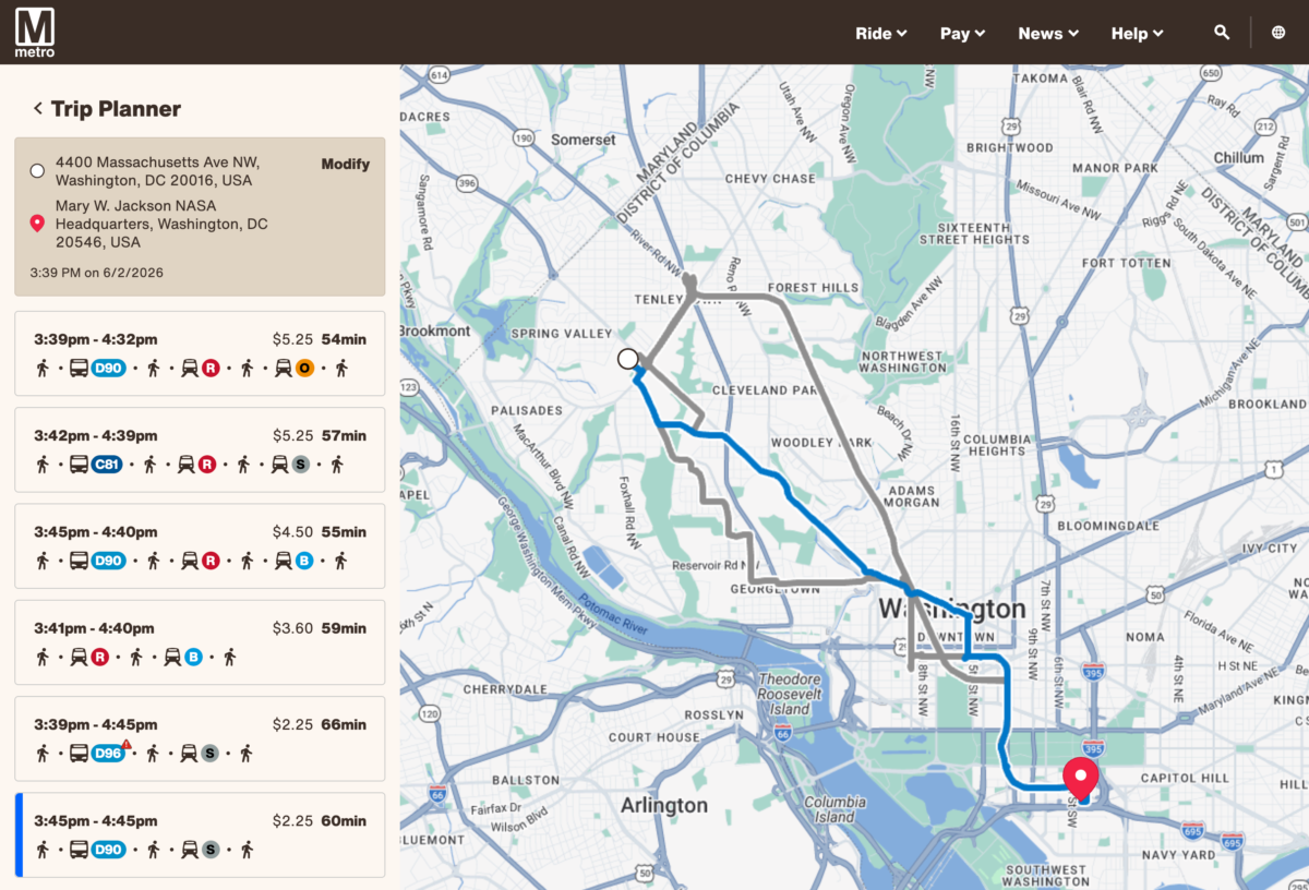 DC Metro trip planner on a desktop device