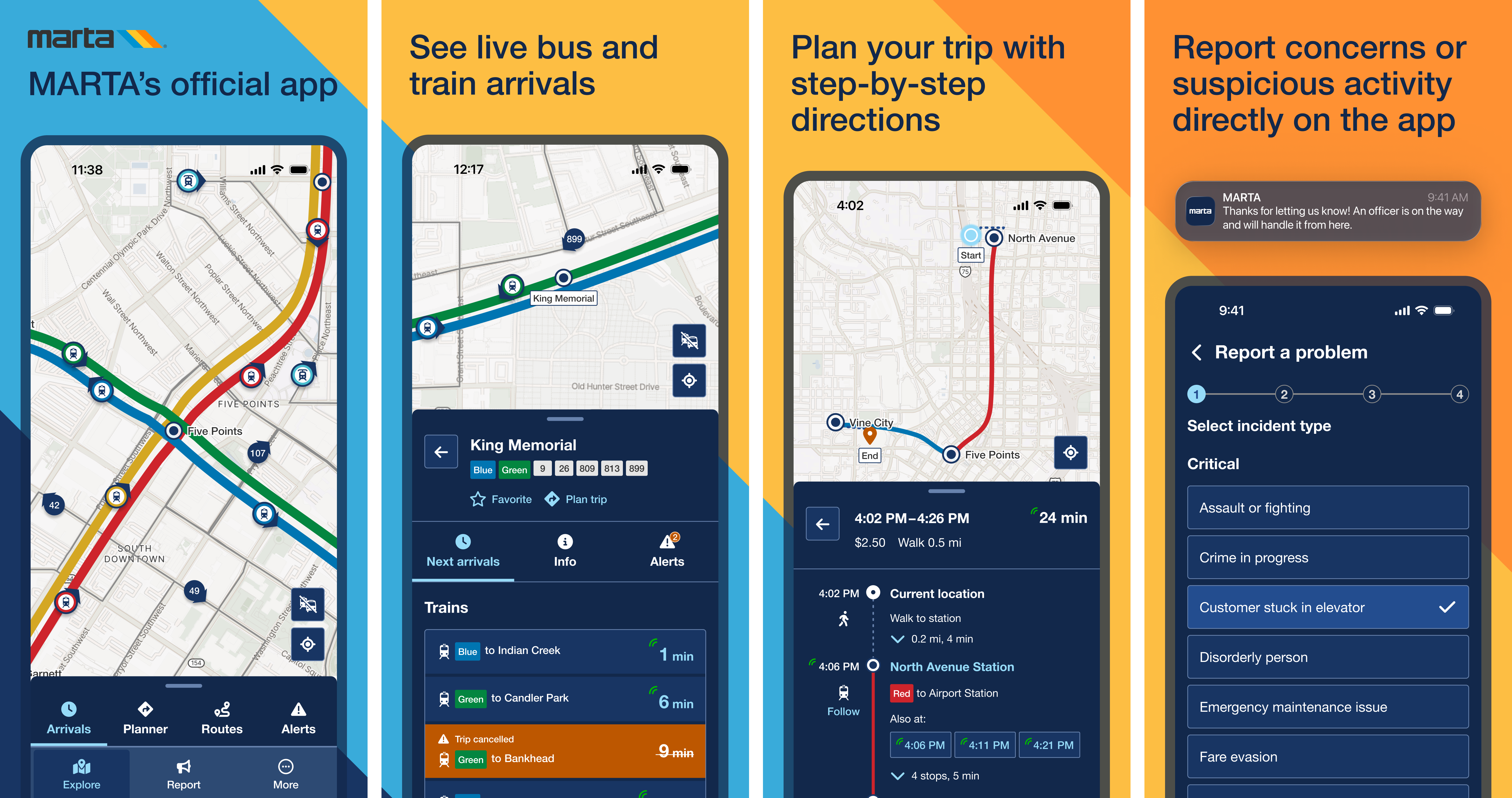 MARTA mobile app screenshots and functions