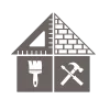 Pictogramme d'une maison avec un pinceau, un mur de brique et un marteau pour représenter la rénovation