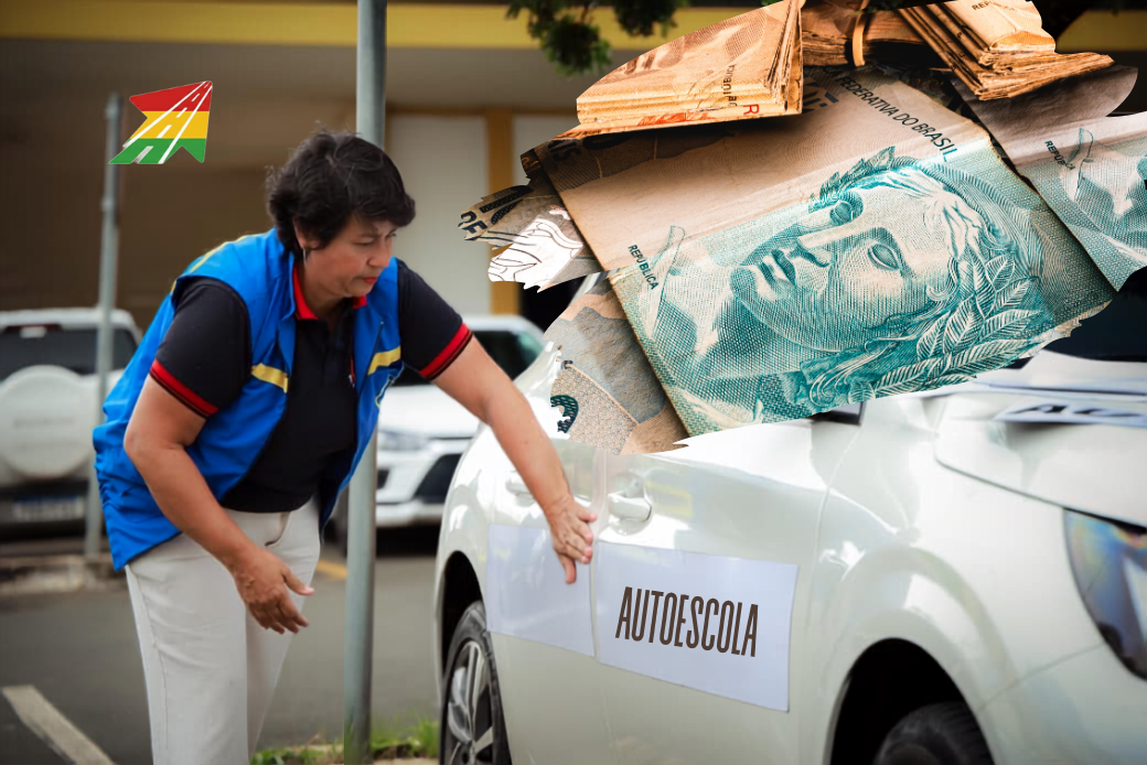 Instrutora ao lado de carro de autoescola com cédulas de reais ilustrando o valor da aula