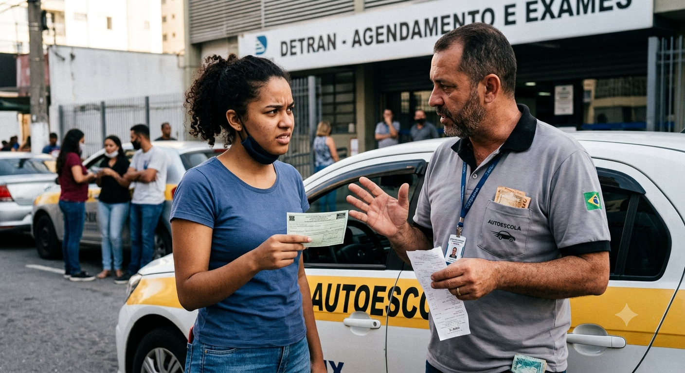 Aluna e instrutor de autoescola diante do DETRAN, com carro de aprendizagem e comprovante na mão