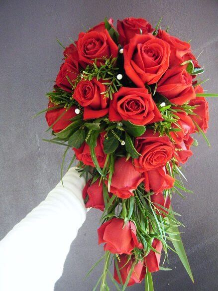 Cascading bridal bouquet 001 - red roses with greens