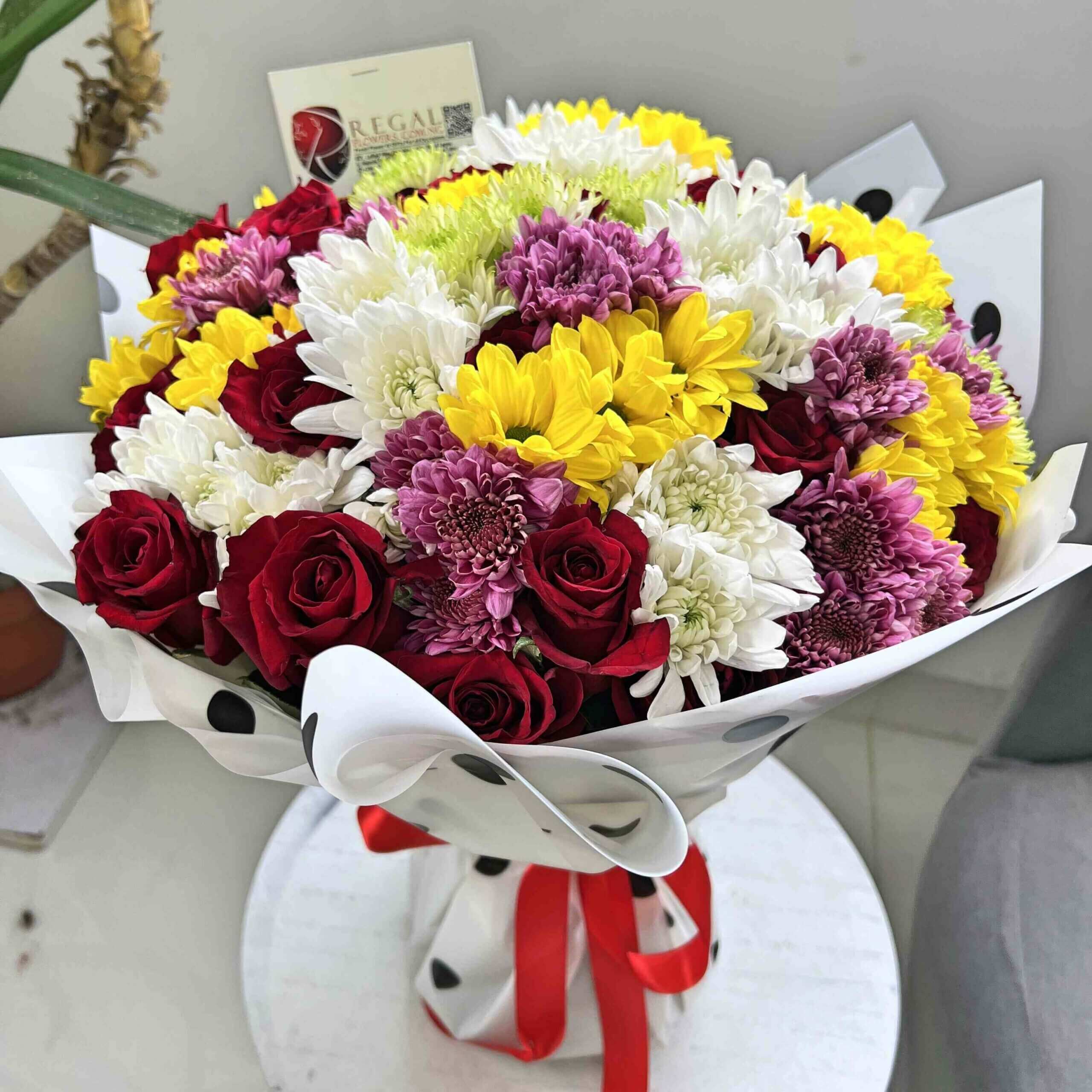 Regal Red roses and white chrysanthemus and Purple Chrysanthemums_11zon