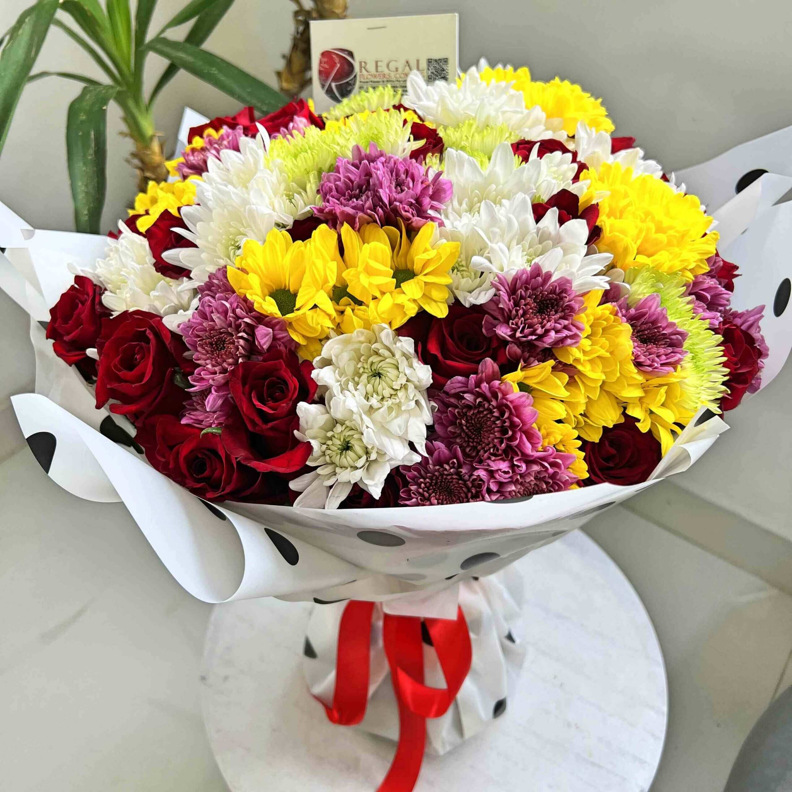 Regal Red roses and white chrysanthemus and Yellow Chrysanthemums_11zon