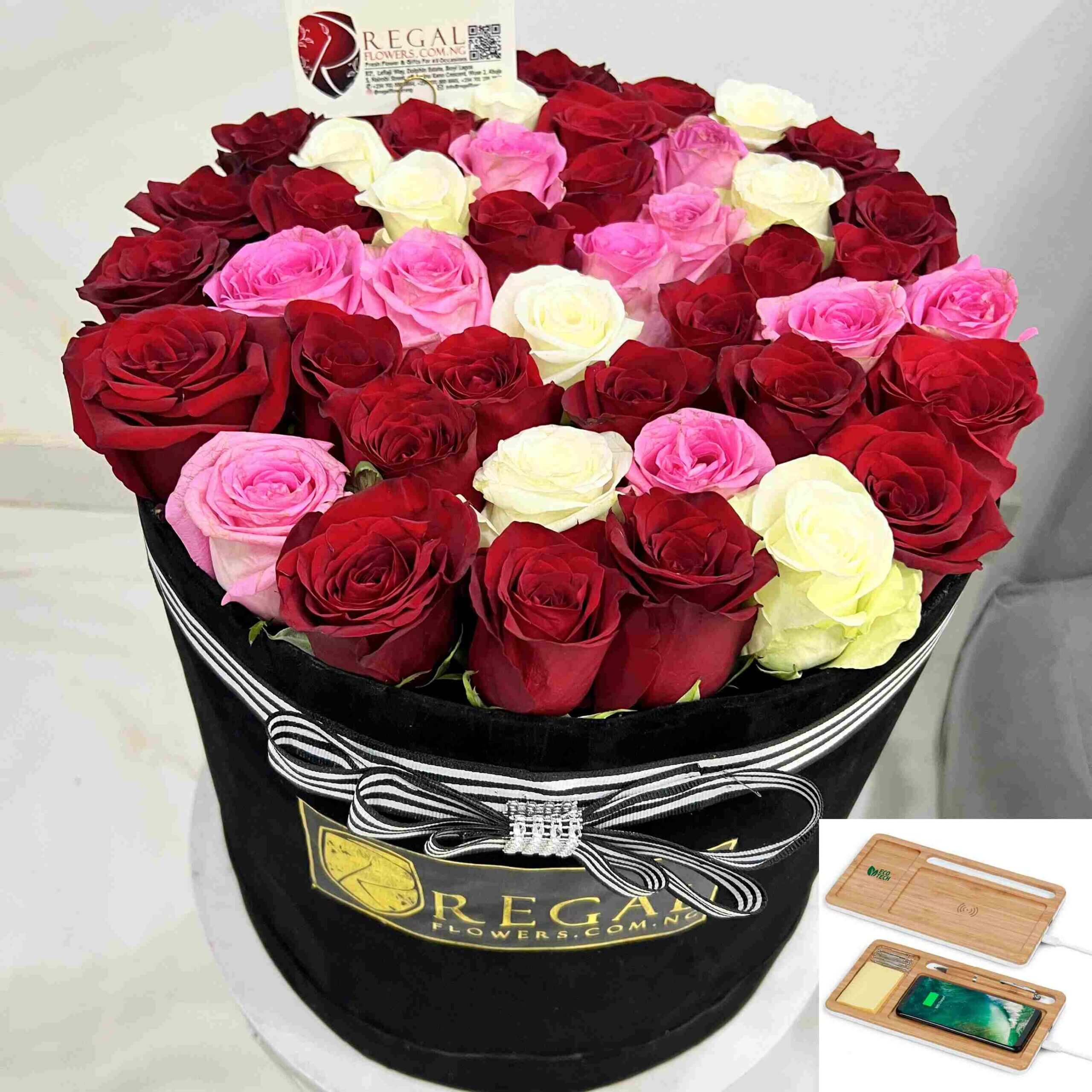 VIP BELLISSIMO (BEAUTIFUL) BOX ARRANGEMENT– Luxurious mix of white and  pink, or white, pink and red roses . . 