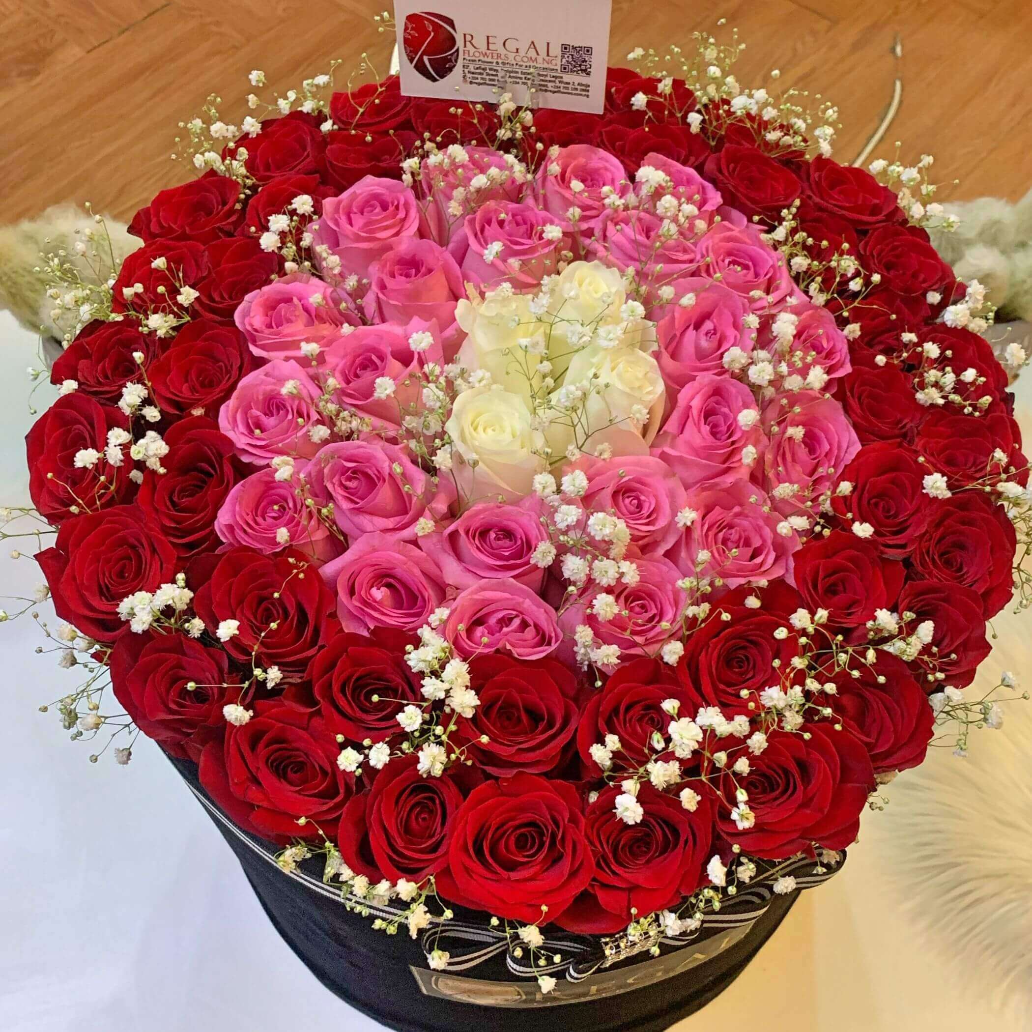 Red Roses, Pink Roses and White Roses with Gypso and Guylian Chocolate, bouquet of Flowers for her in Abuja, Birthday Flowers, Same day flowers delivery in Lagos