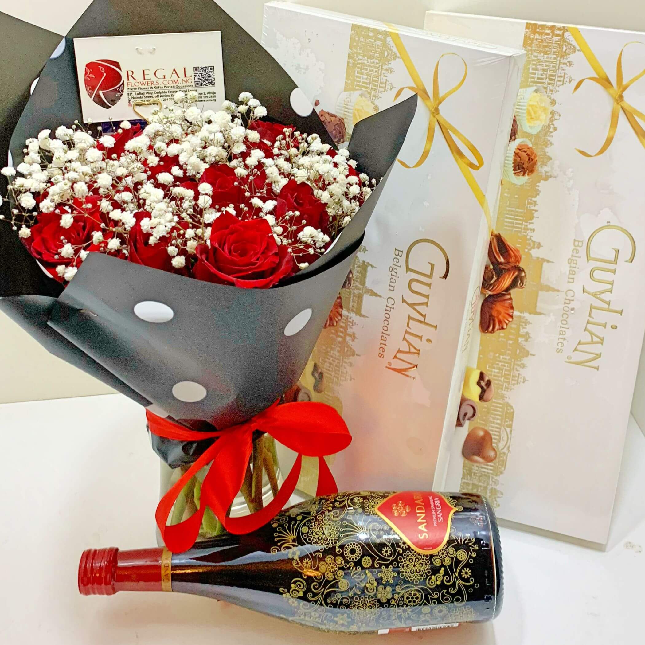 Red Roses with gypso and Guylian Chocolate, with Sandara wine, Fresh flower store in Abuja, flower delivery in lagos, flower for her
