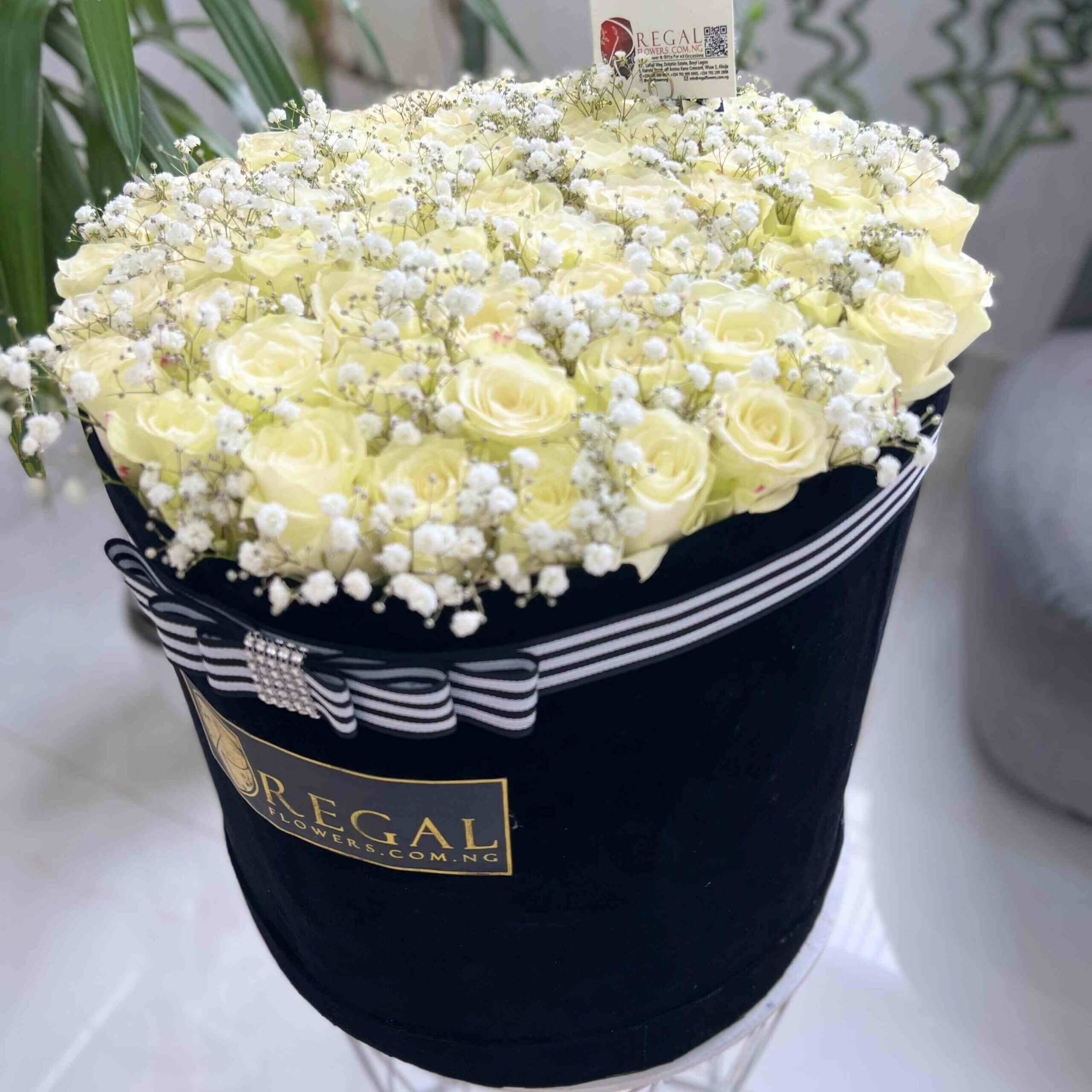 RegalFlowers Mona Lisa white Roses and MillionStars bOX aRRANGEMENT