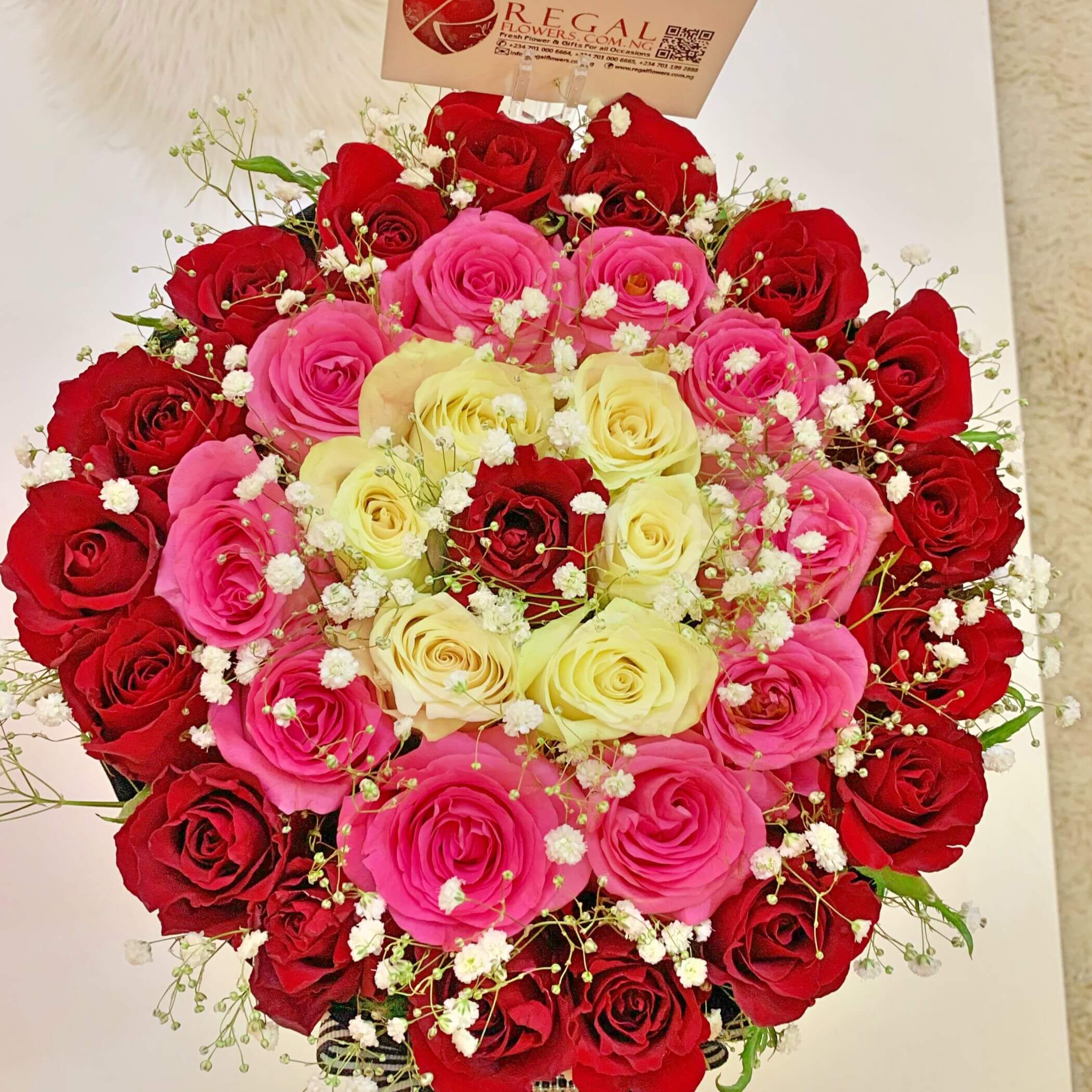 White Roses, Pink Roses and Red Roses with Gypso and Guylian Chocolate, bouquet of Flowers for her, Birthday Flowers, Same day flowers delivery in Lagos