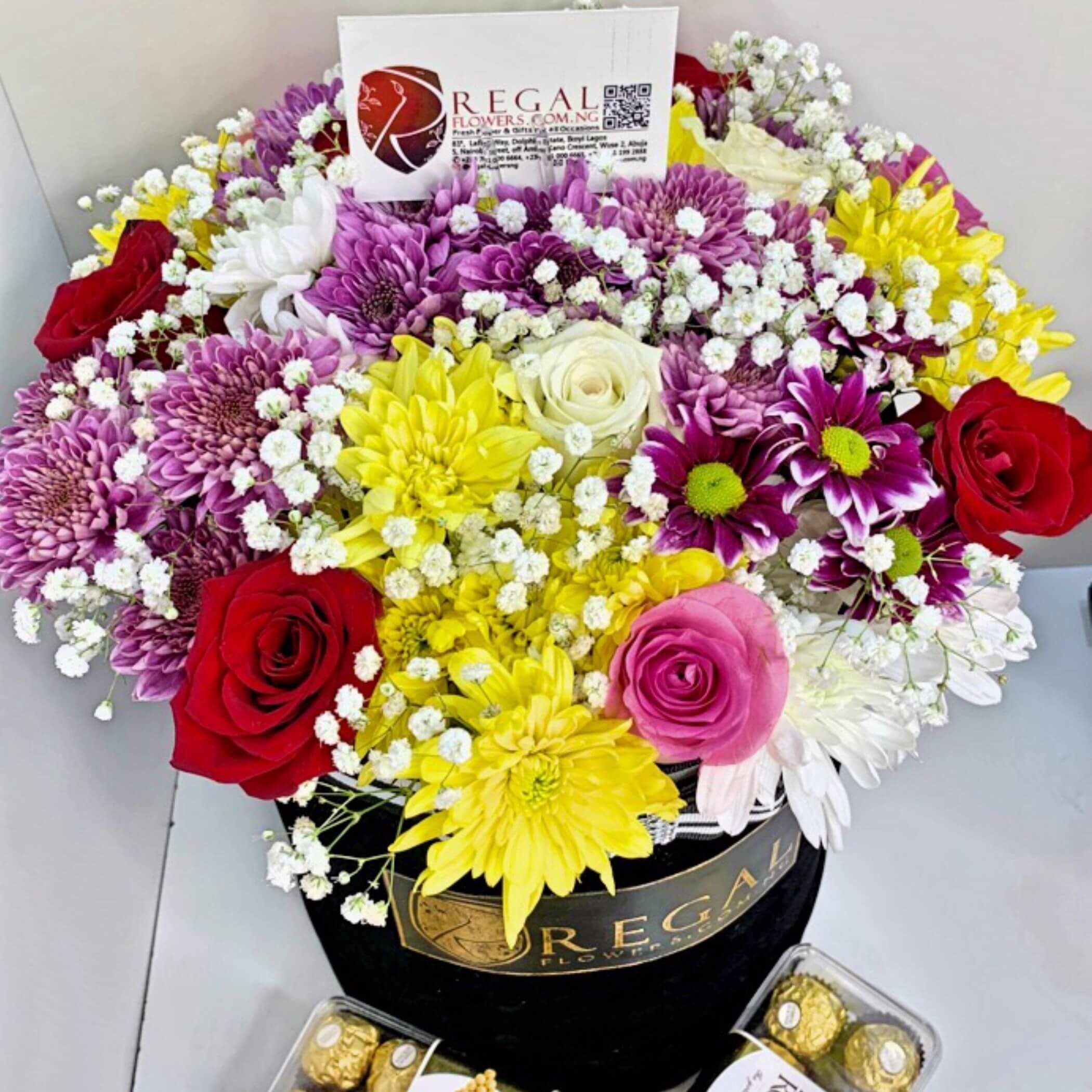 Red Roses, White Chrysanthemums, Yellow chrysanthemums and Lilac with Gypso and Ferrero Chocolate, Chrysanthemums, Flowers in Abuja, Same day Delivery in Abuja, Flowers for her