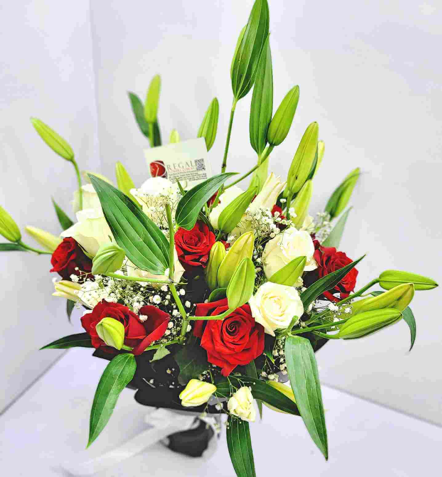 Regal Calligraphy Red Roses White Roses Pink Roses Lillies with Babys Breath 5_28_11zon