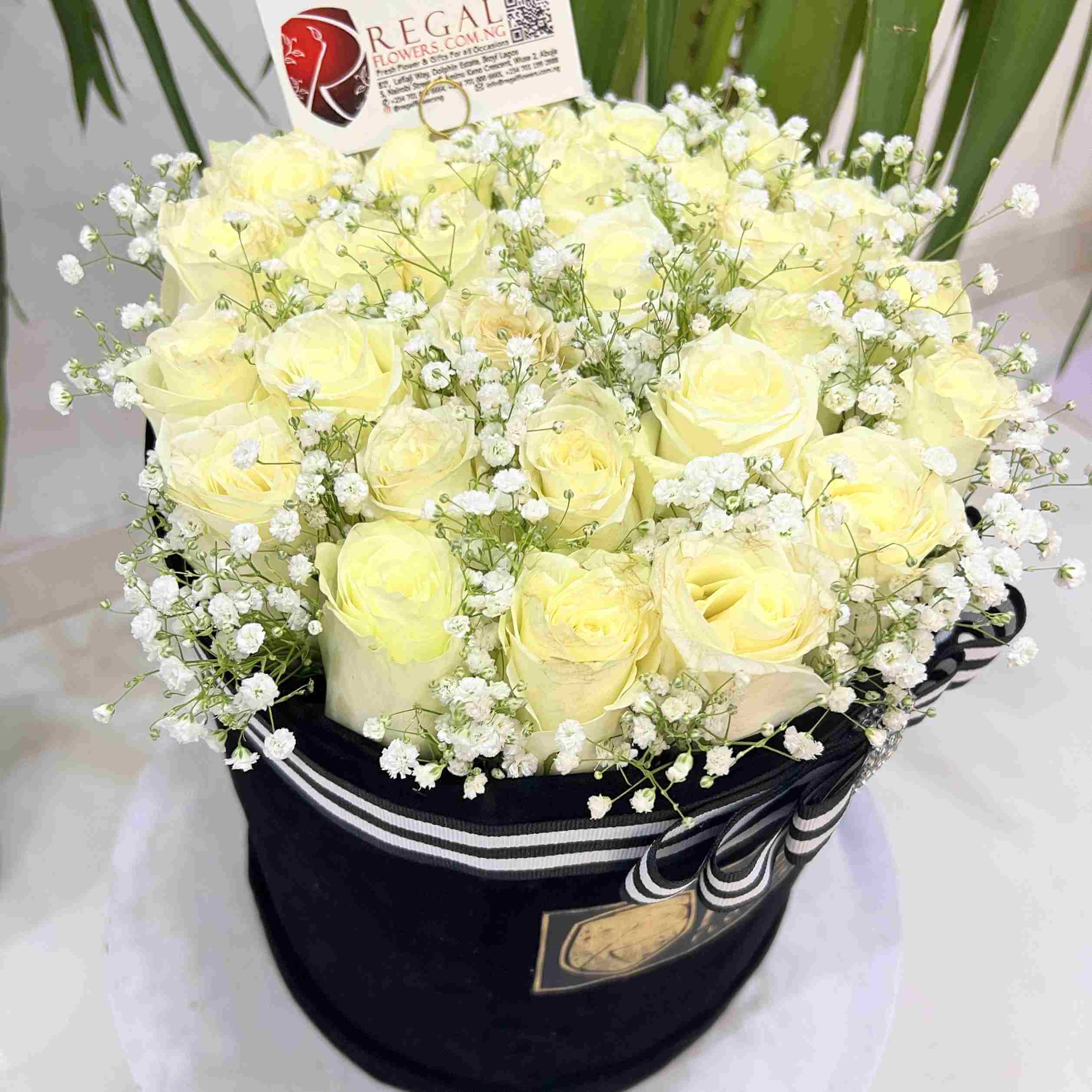 RegalFlowers White Roses and Million Stars Box Arrangement