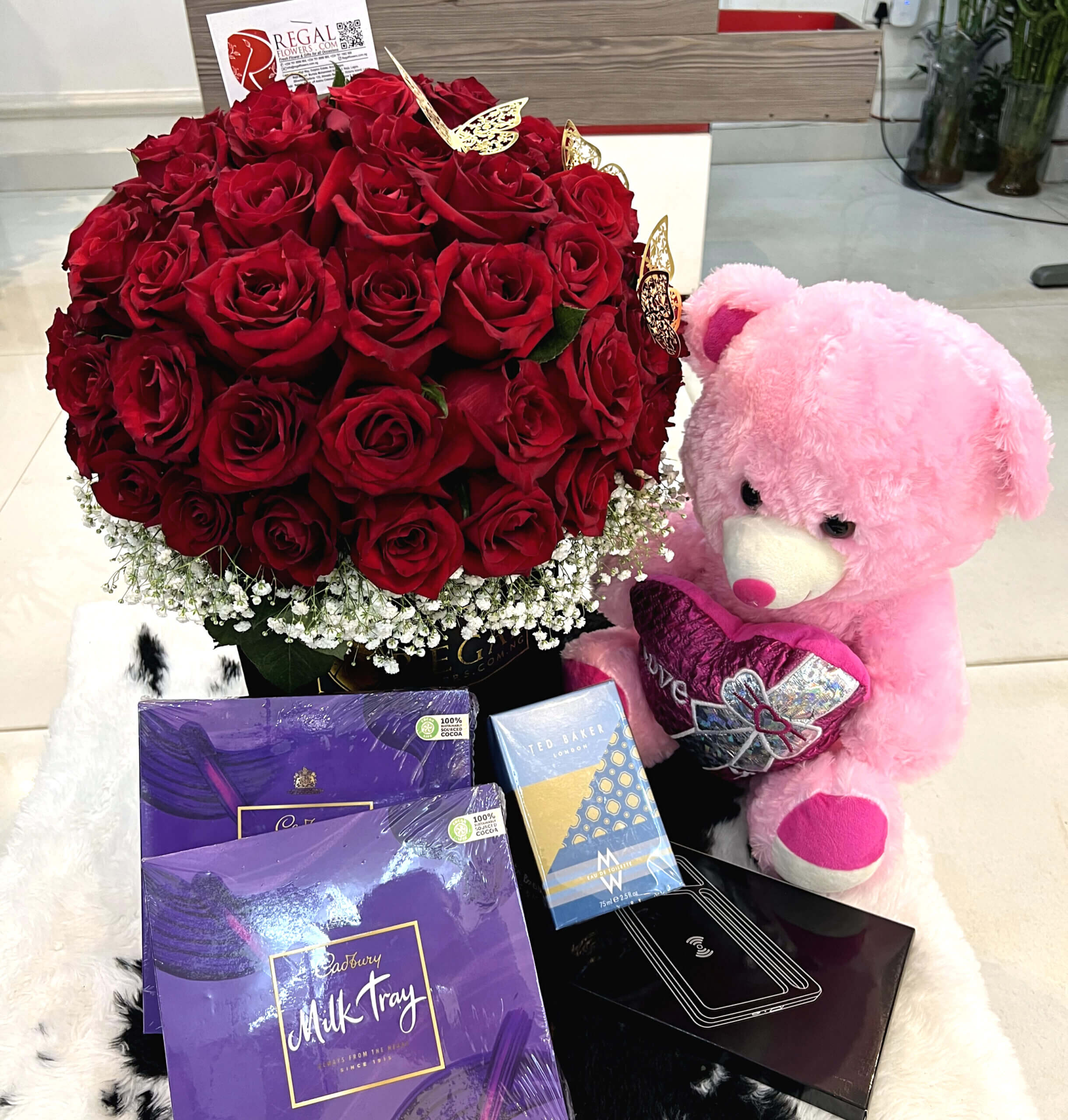 Red Roses, Chocolates, Teddy and Perfume