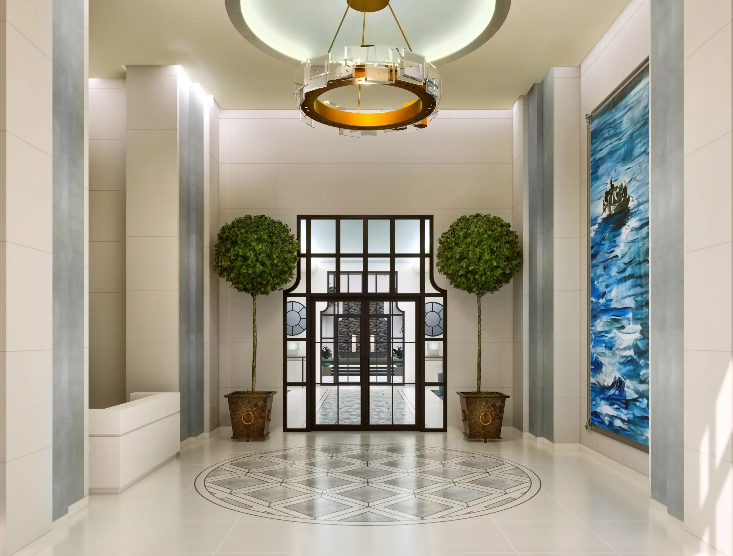 entrance of a building that has a blue painting, two tree-shaped plaques and a golden ceiling lamp