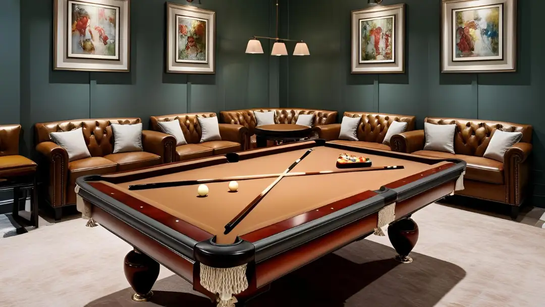 Play room with leather sofas and a pool table in the center of the room