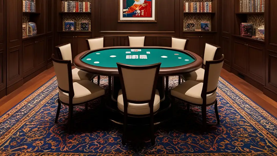 Poker table in the middle of a room with book shelves