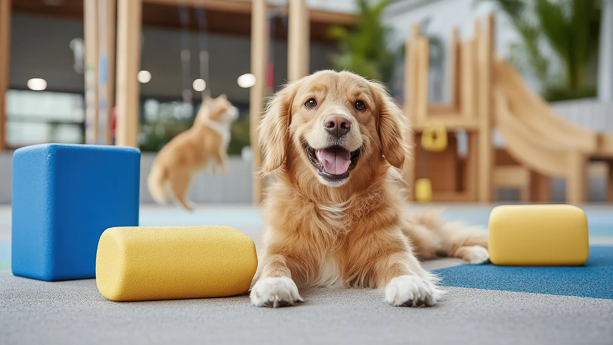 Picture of a Golden retriever dog in a pet park smiling