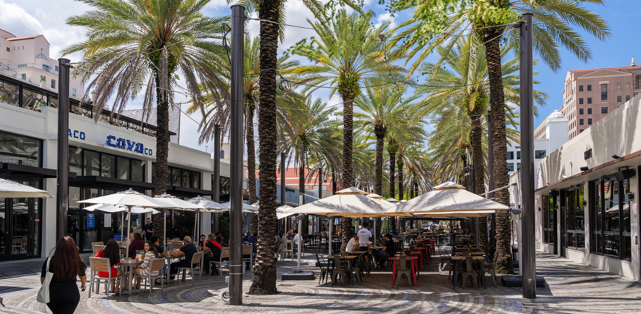 Photograph of a food and drink plaza in the middle of the street