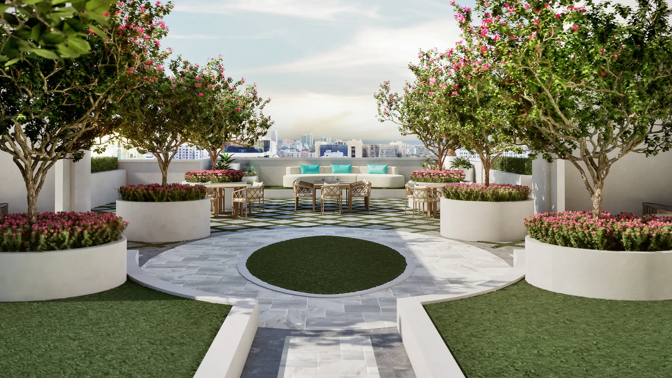 Render of a terrace patio with trees, sofas and chairs