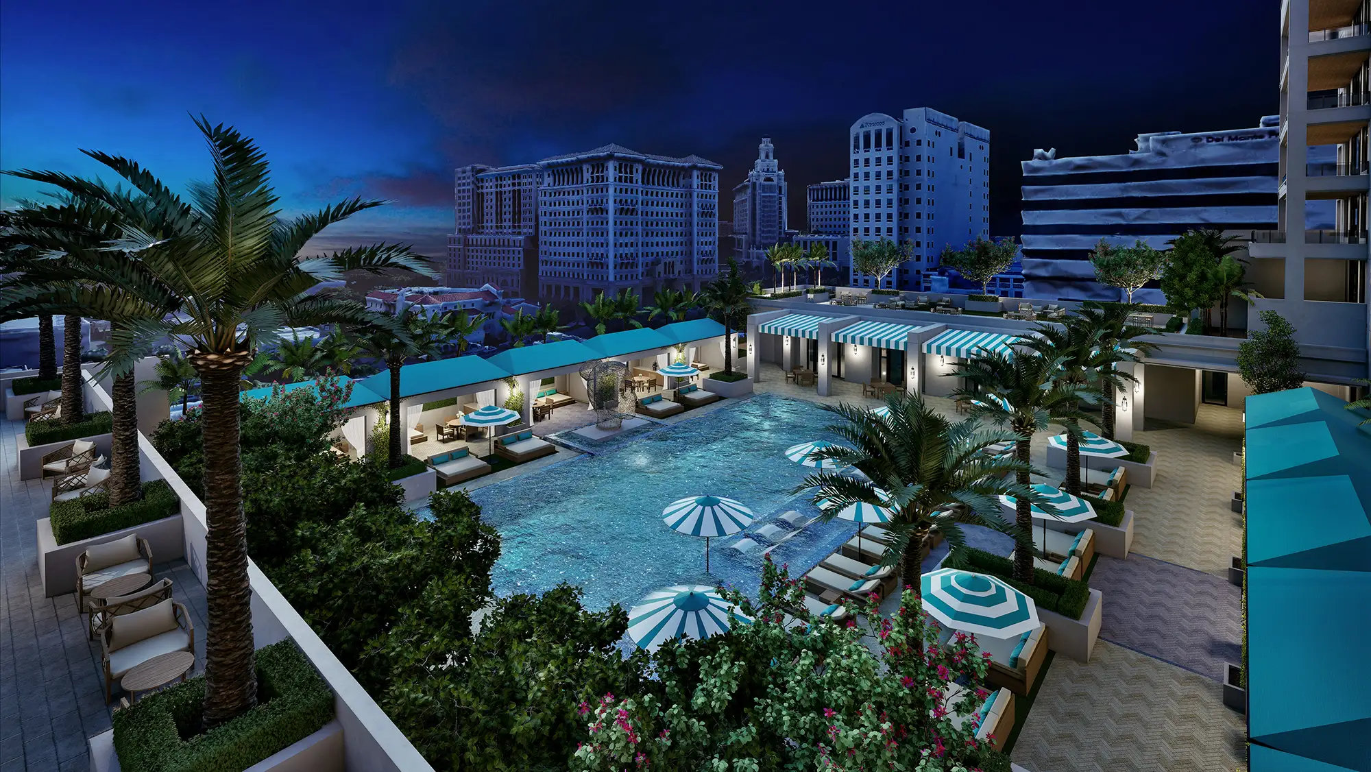 Top view of a terrace pool with sunbathing chairs around it