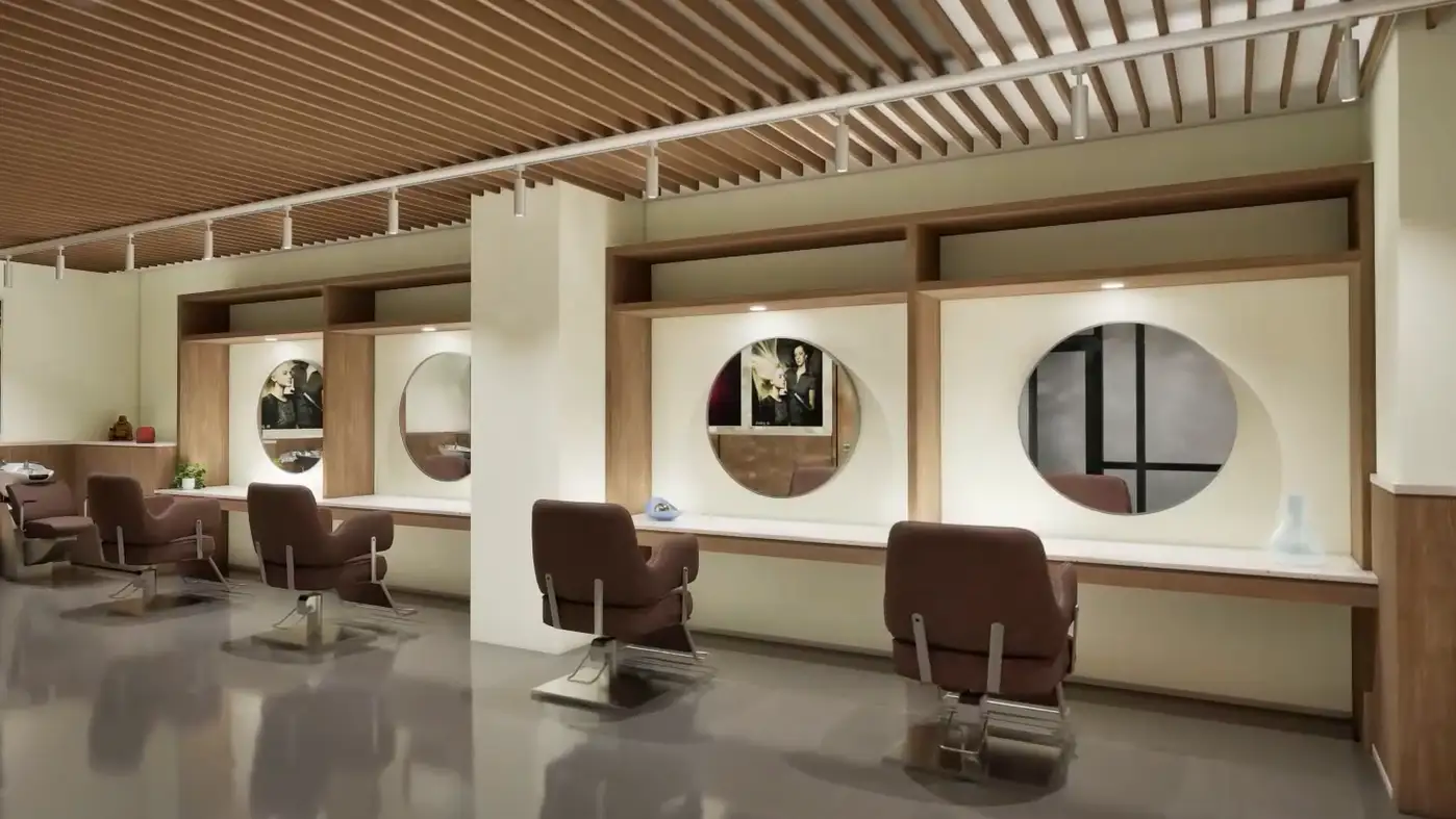 Hair salon space render with 5 brown chairs in front of round mirrors