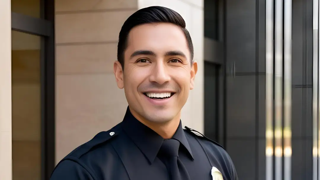 AI generated close up of a police officer smiling outside a building