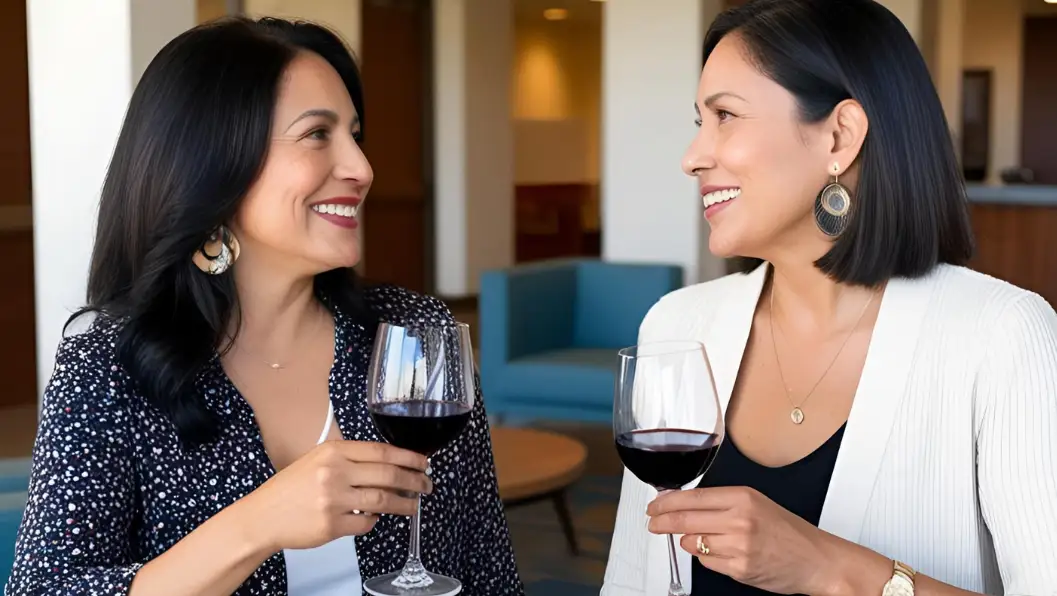 Two women holding glasses of wine and smiling to each other