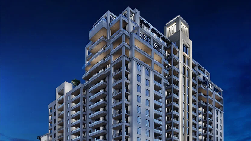 Exterior nighttime rendering of Regency Parc in Coral Gables