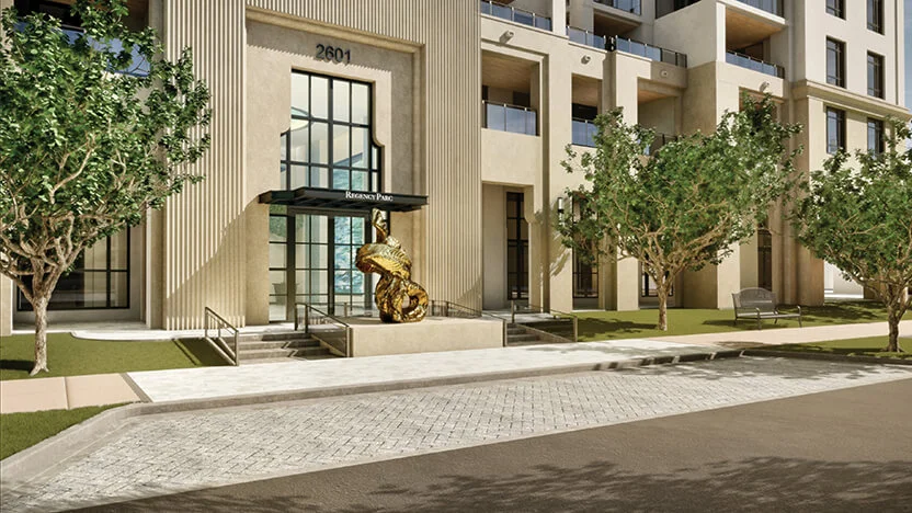 Front entryway of Regency Parc featuring Power Tower, 2019, a sculpture by Lynda Benglis