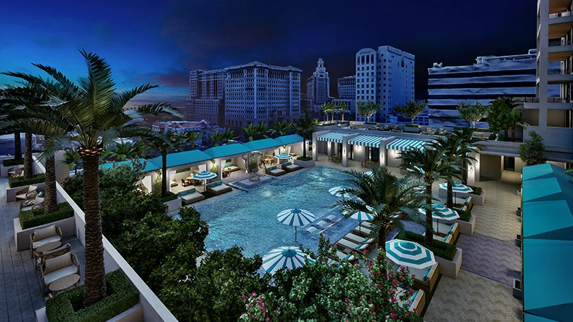 Nighttime aerial view of resort deck at Regency Parc in Coral Gables