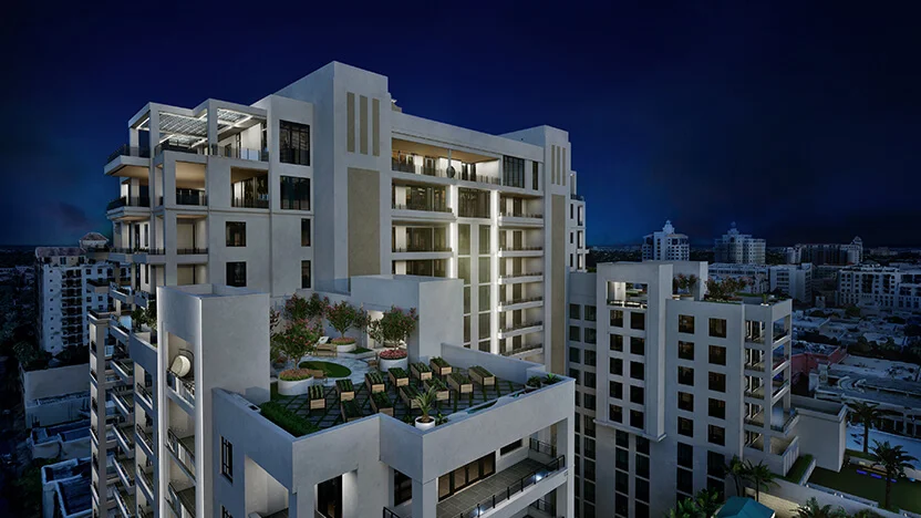 Aerial nighttime view of skydeck at Regency Parc in Coral Gables