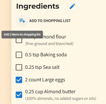 Add selected ingredients to shopping list feature