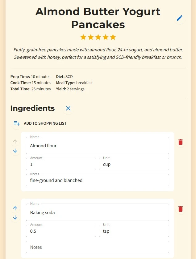 Recipe editing interface