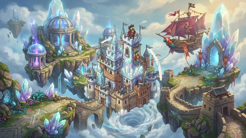 Floating mountain city of crystal libraries Tower Defense