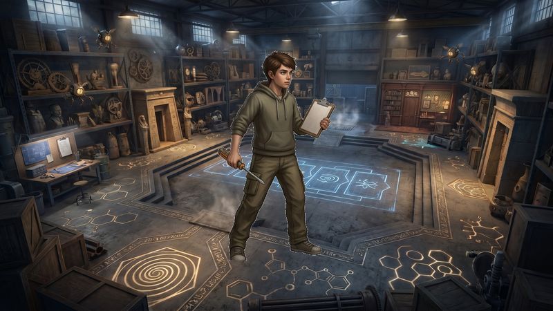 Dimly-lit puzzle-prop warehouse with clock-gremlin drones Survivor Storm