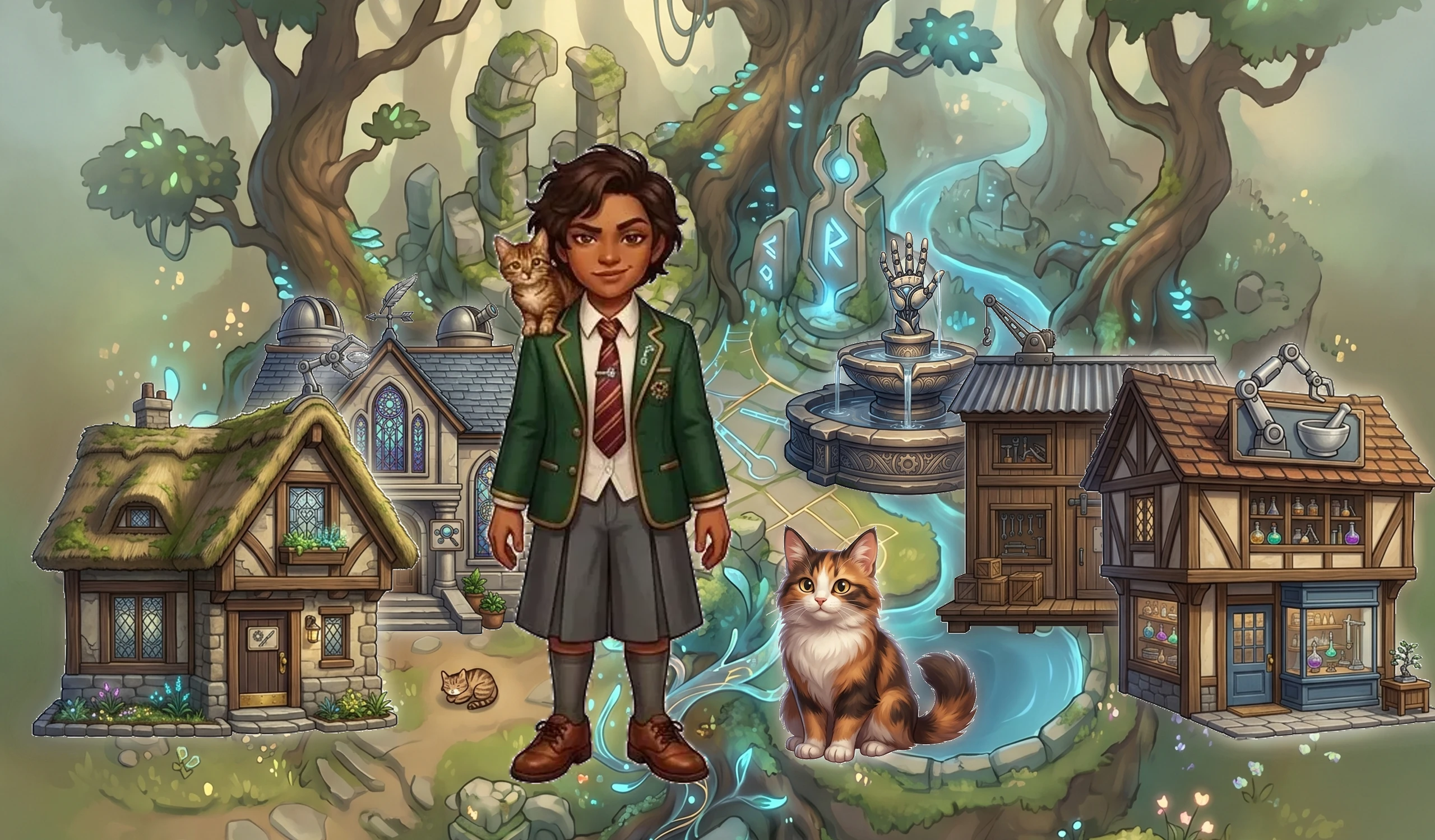 Misty cliffside magical school village sanctuary Dream Village